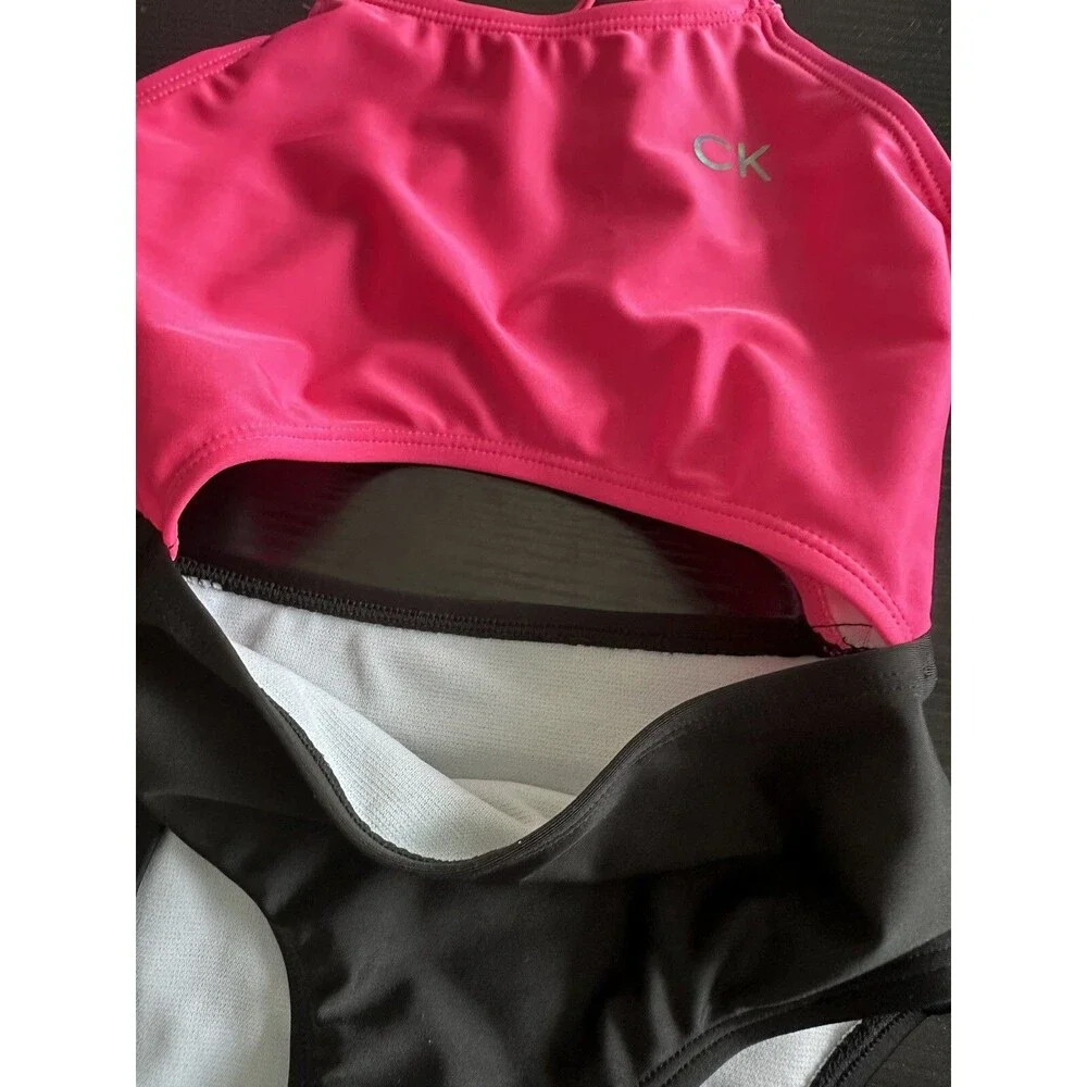 Calvin Klein Big Girls Cutout Color Block Bikini Swimsuit One Piece Pink Black 7